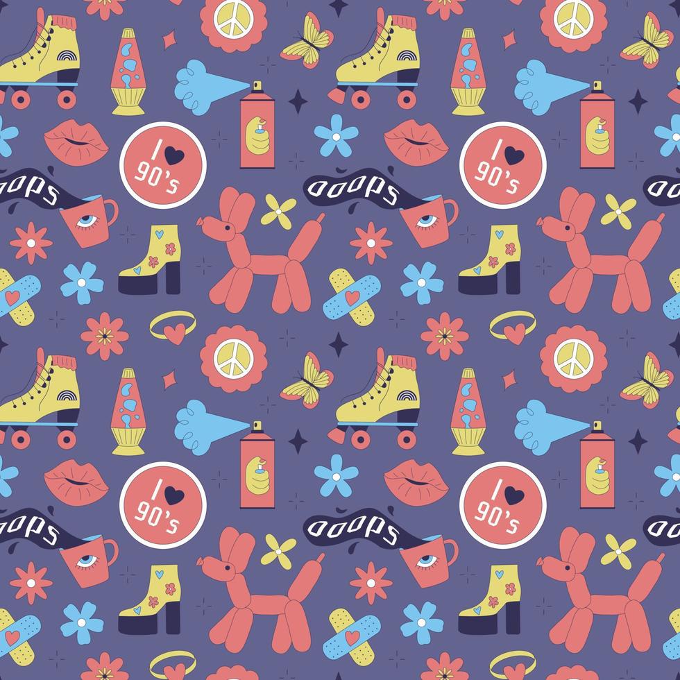 Seamless pattern with y2k elements. Acidic vivid neon colors. Bright youth pattern with 90 s characters. Roller skates, lava lamp, high platform shoes, inflatable dog. Vector illustration on lilac