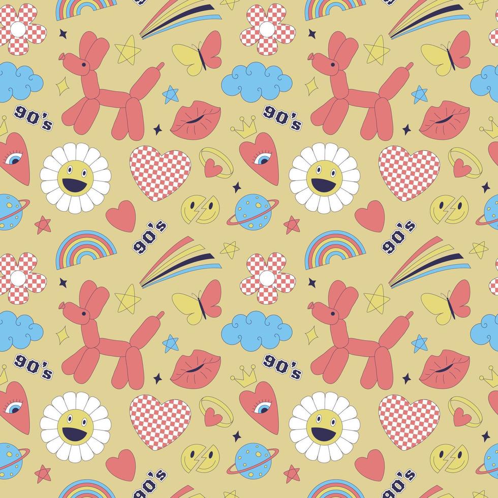 Seamless pattern with y2k style elements. Acidic vivid neon colors. Bright youth pattern with 90 s characters. Inflatable dog balloon, daisy, rainbow, kiss. Vector illustration on yellow background