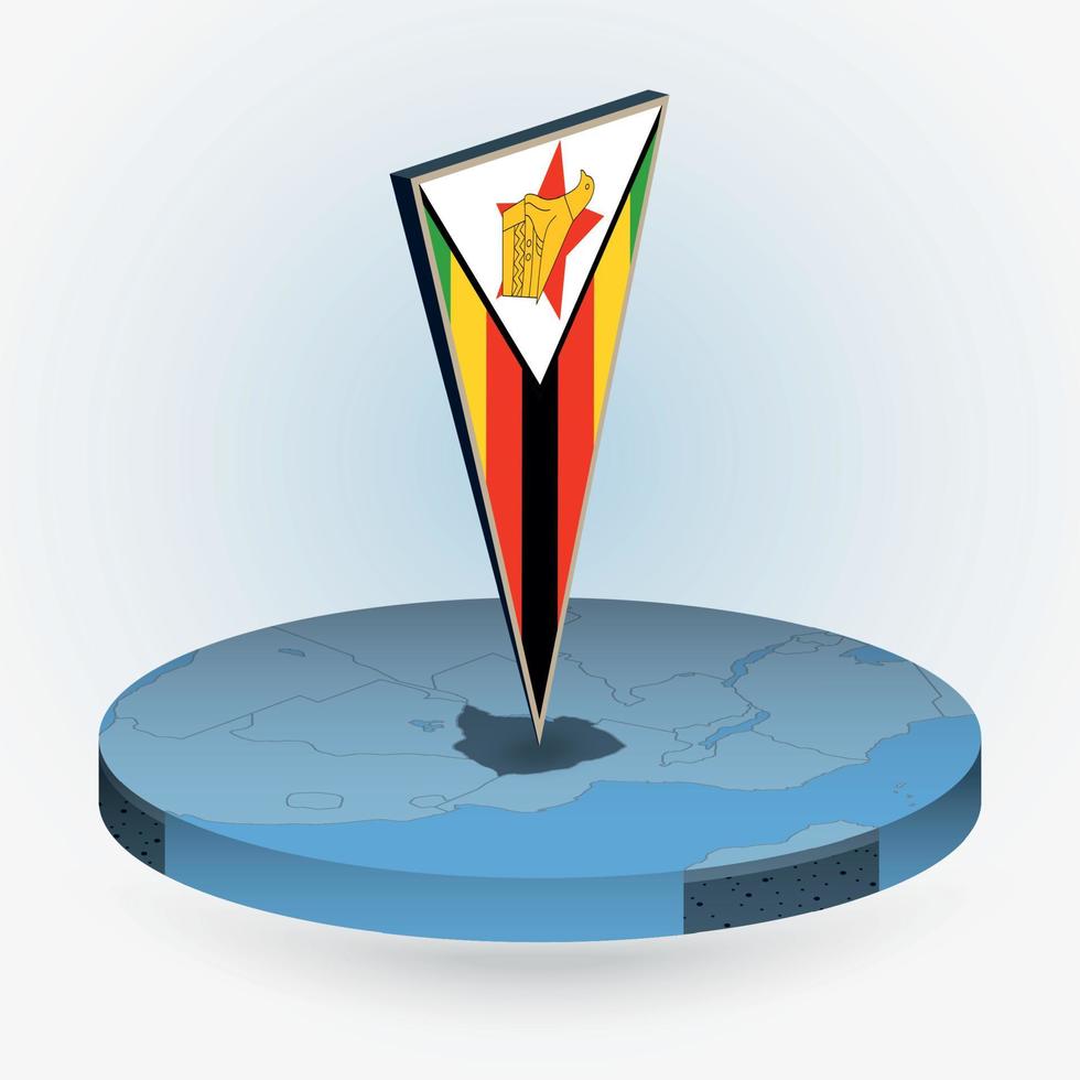 Zimbabwe map in round isometric style with triangular 3D flag of Zimbabwe vector