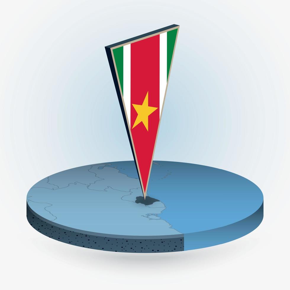 Suriname map in round isometric style with triangular 3D flag of Suriname vector