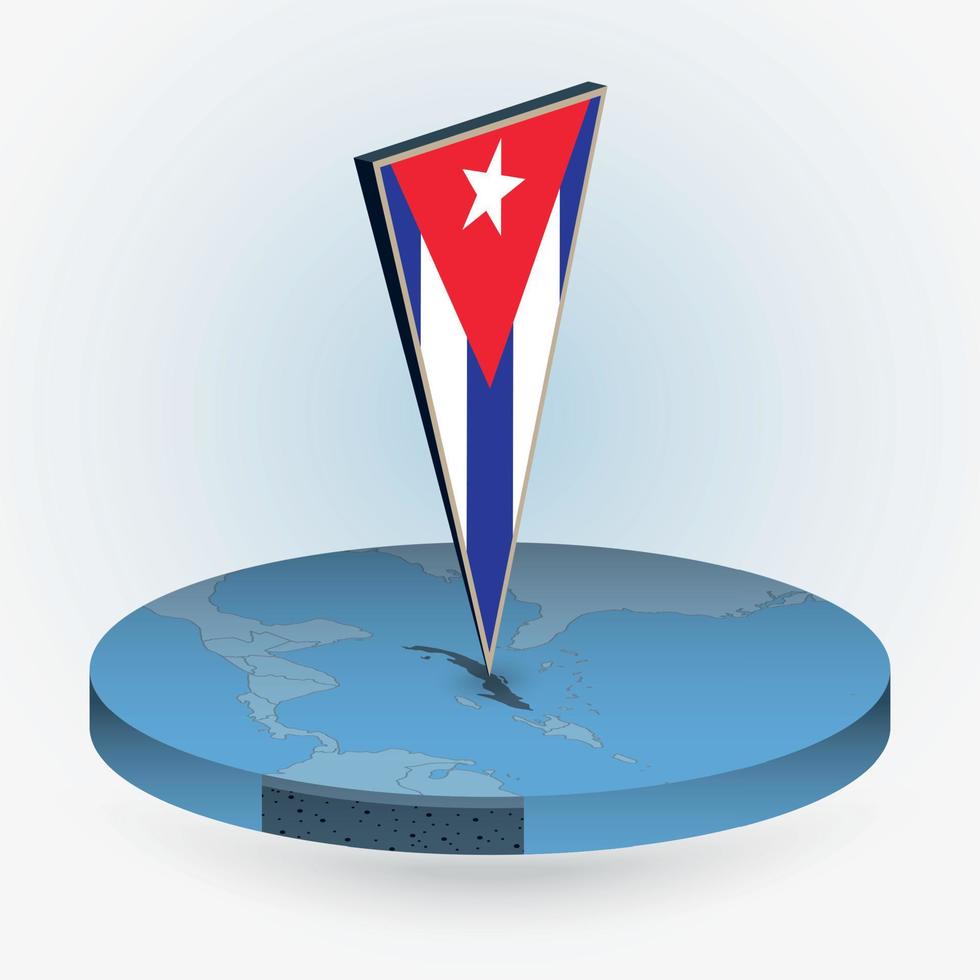 Cuba mapa en redondo isométrica estilo con triangular 3d bandera de Cuba vector