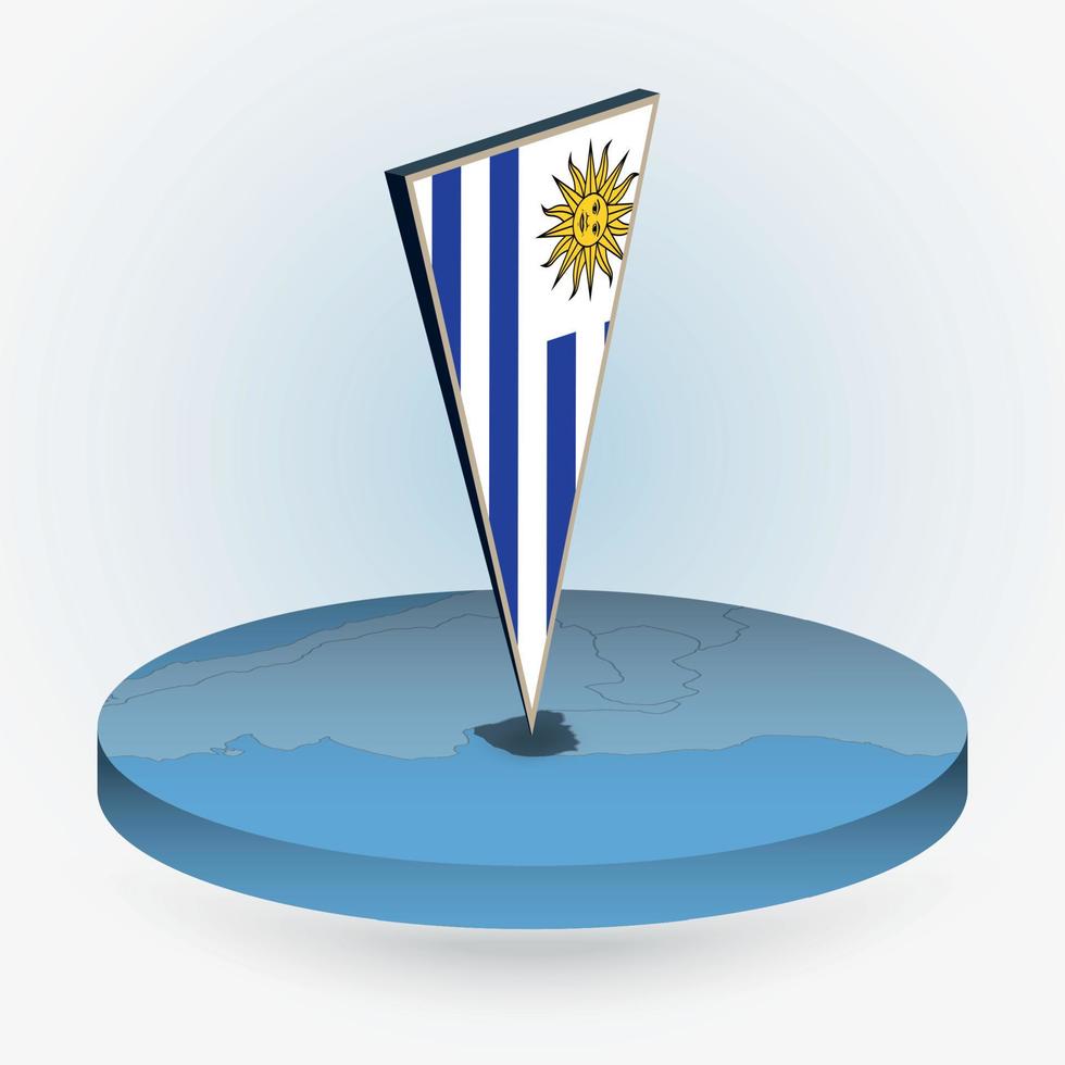 Uruguay map in round isometric style with triangular 3D flag of Uruguay vector