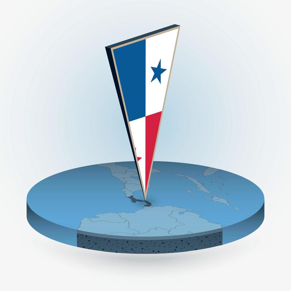 Panama map in round isometric style with triangular 3D flag of Panama vector