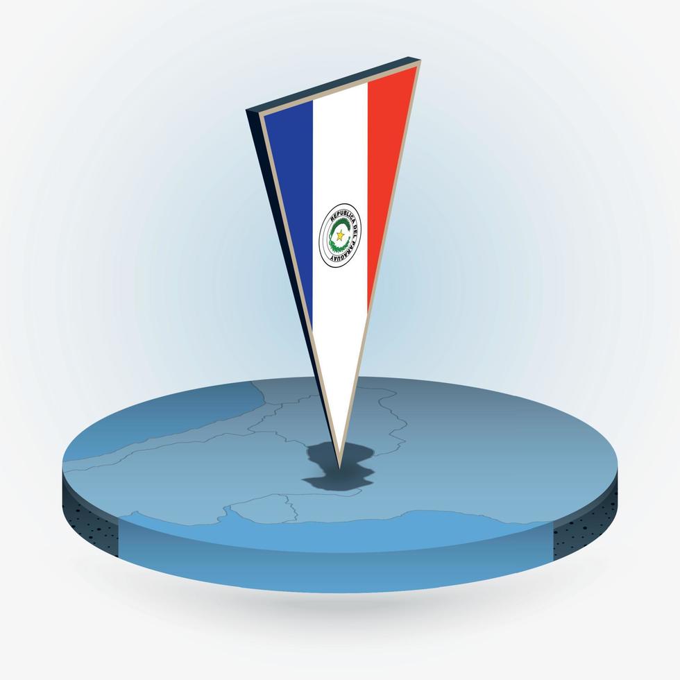 Paraguay map in round isometric style with triangular 3D flag of Paraguay vector