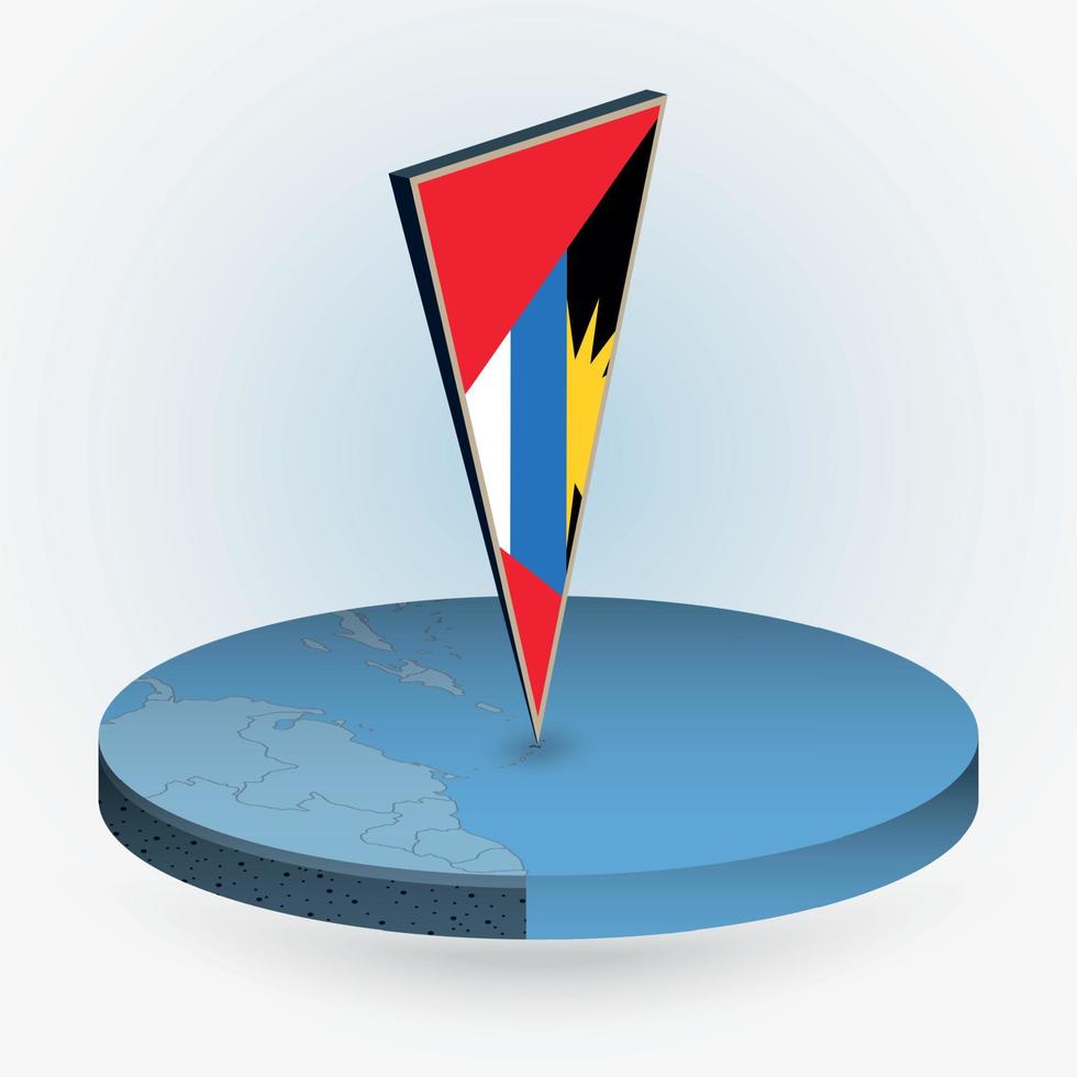 Antigua and Barbuda map in round isometric style with triangular 3D flag of Antigua and Barbuda vector