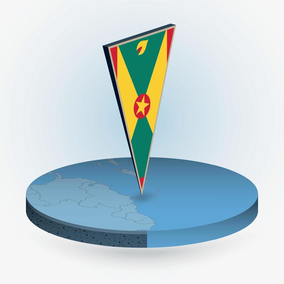 Grenada map in round isometric style with triangular 3D flag of Grenada vector