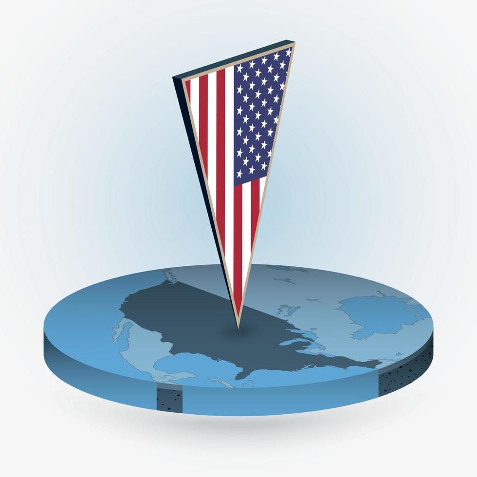 United States map in round isometric style with triangular 3D flag of USA vector