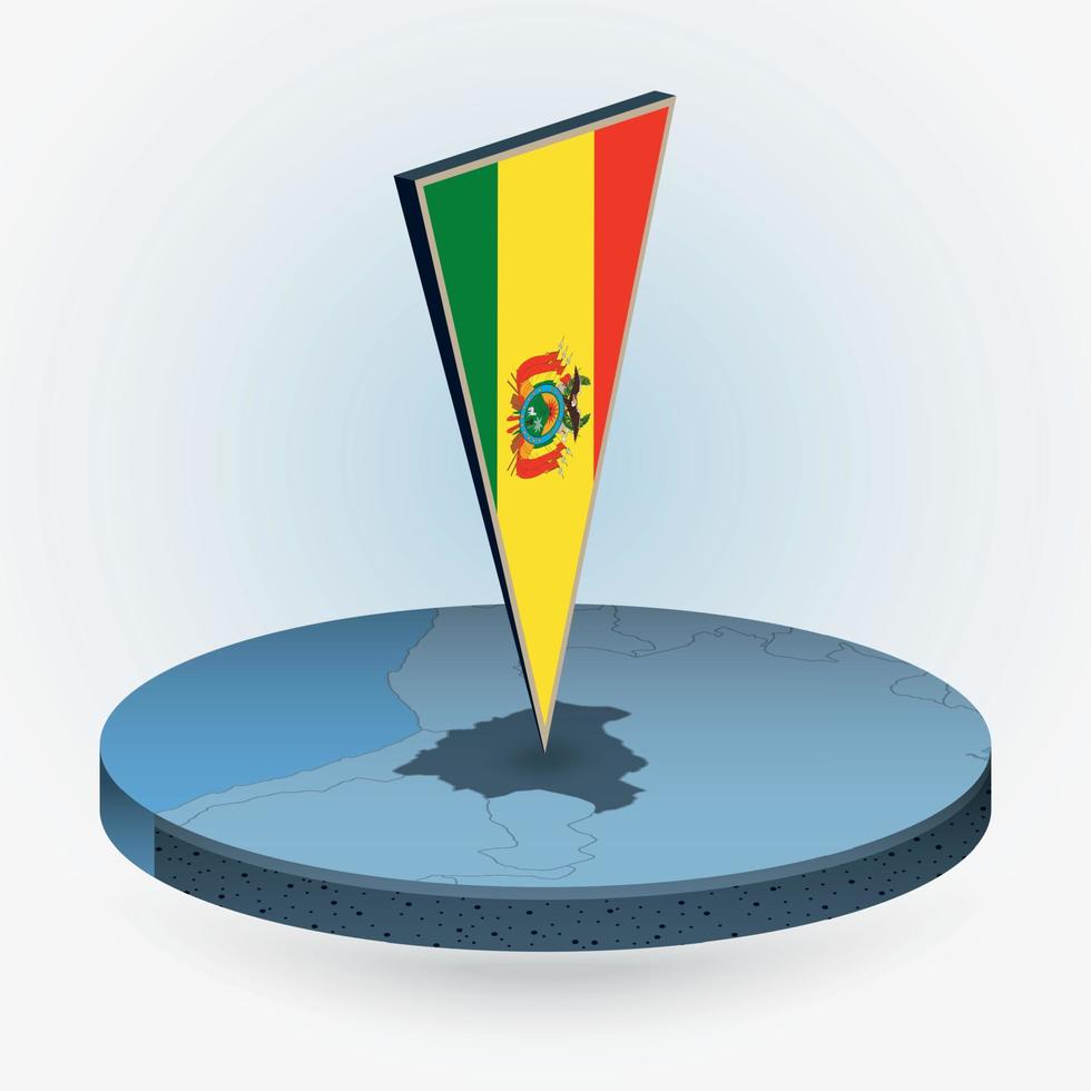 Bolivia map in round isometric style with triangular 3D flag of Bolivia vector