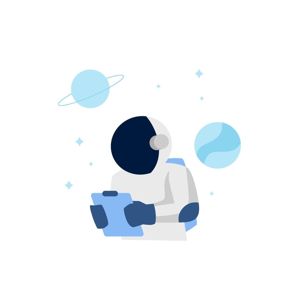 Astronaut or cosmonaut at space planet holding clipboard report for metaphor support or costumer service error page for empty state ui element illustration vector