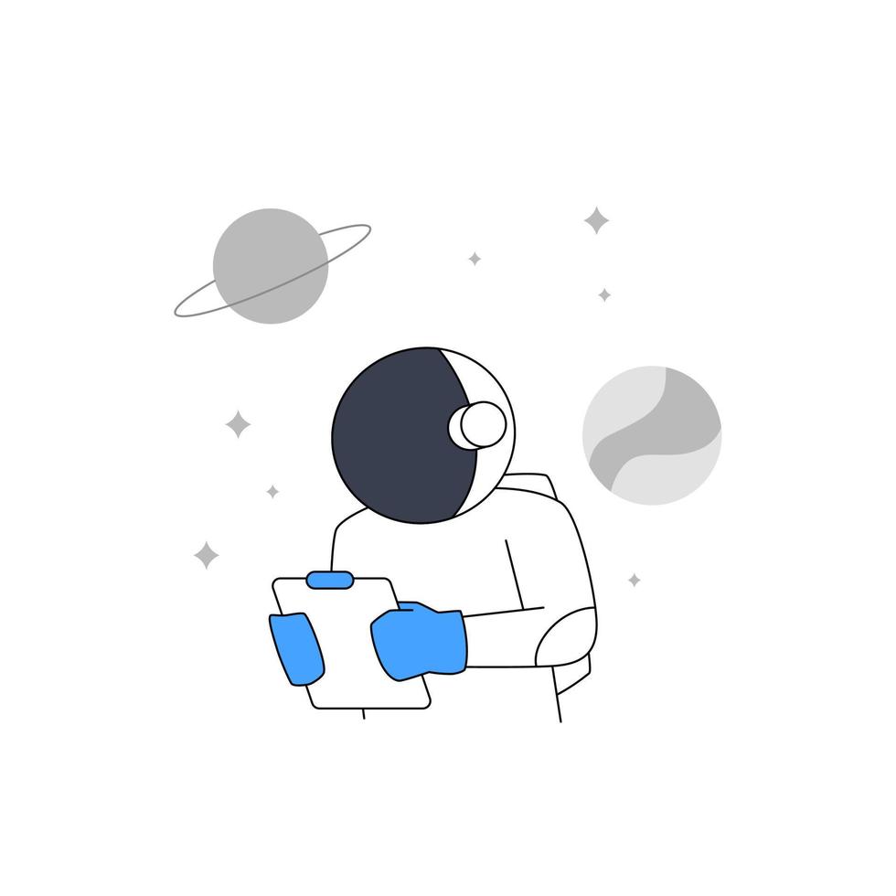 Astronaut or cosmonaut at space planet holding clipboard report for metaphor support or costumer service error page for empty state ui element illustration vector