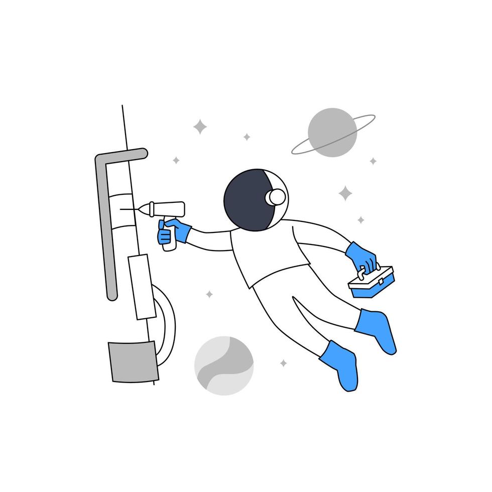 Astronaut or Cosmonaut repair satellite or spaceship with floating at space for under construction error page empty state illustration vector