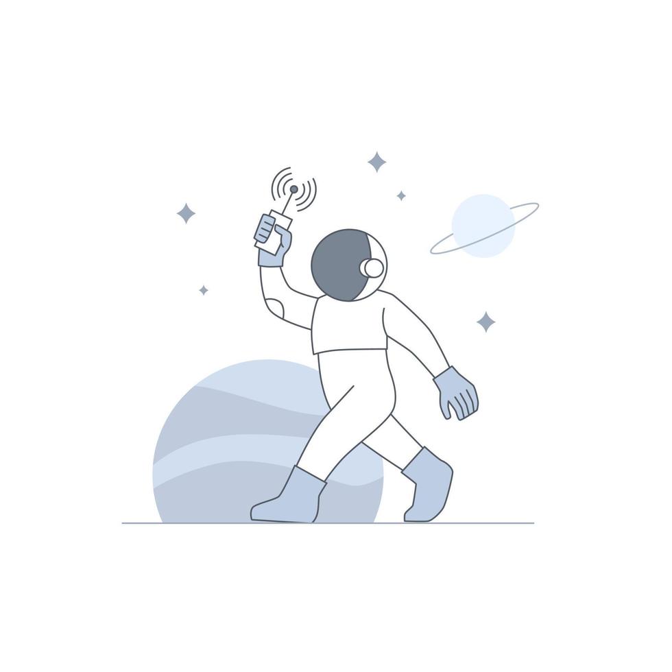 Astronaut or cosmonaut walking at planet exploration with phone communication for bad gateway error empty state illustration vector