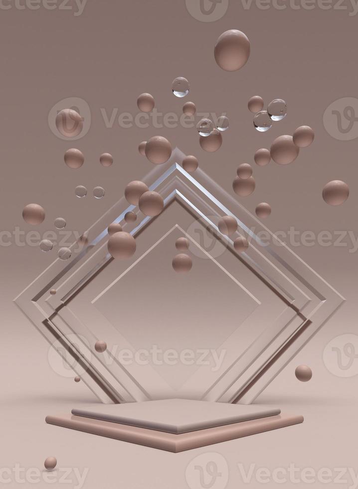 3D beige geometric minimal composition with glass triangular podium and flying bubbles. Abstract vertical background for cosmetic, beauty product promotion photo