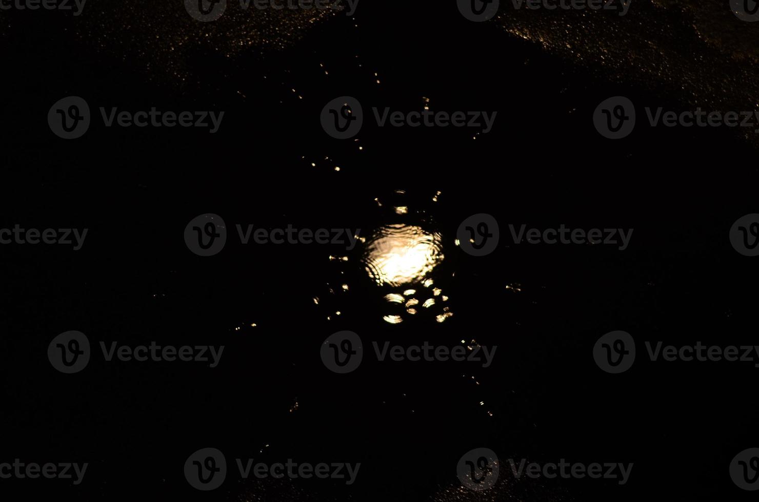 Light is reflected in a puddle. Blurred light in the puddle, dark night. Splashes. photo