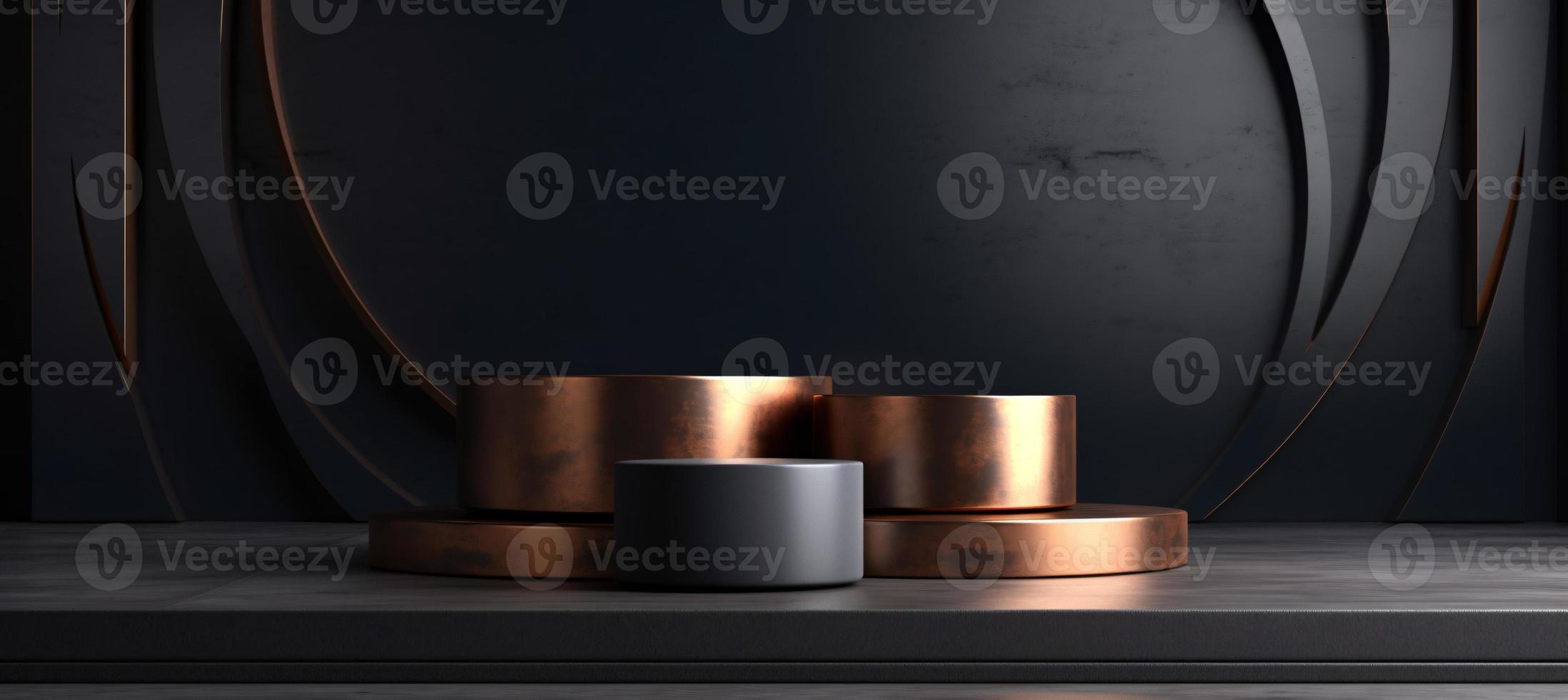 3D Podium Product Mockup with Abstract Ambiance on Black and Gold Canvas - A Professional 3D Rendered Visualization photo
