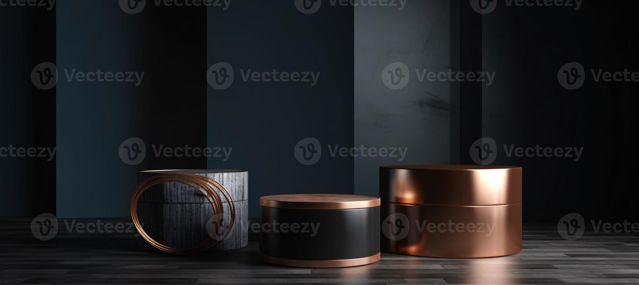 3D Podium Product Mockup with Abstract Ambiance on Black and Gold Canvas - A Professional 3D Rendered Visualization photo