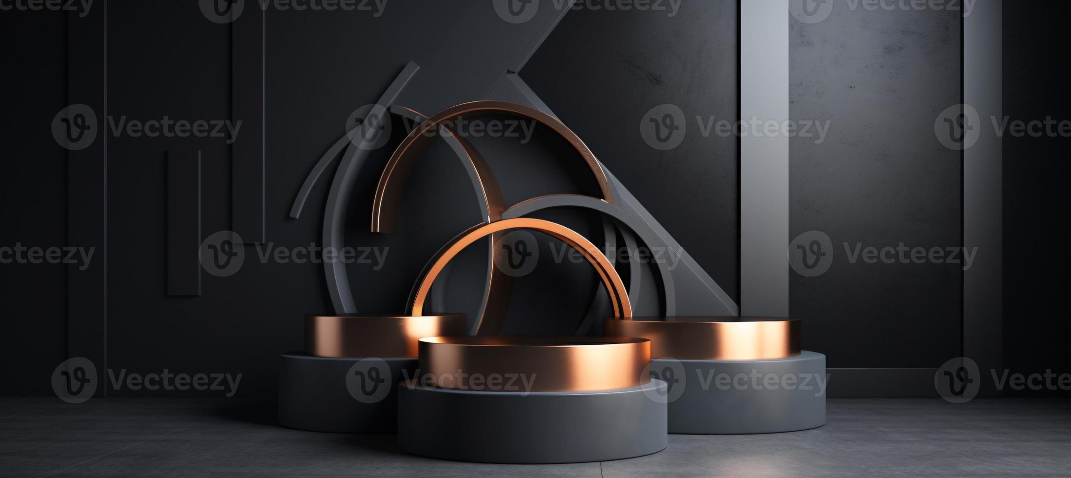 3D Podium Product Mockup with Abstract Ambiance on Black and Gold Canvas - A Professional 3D Rendered Visualization photo