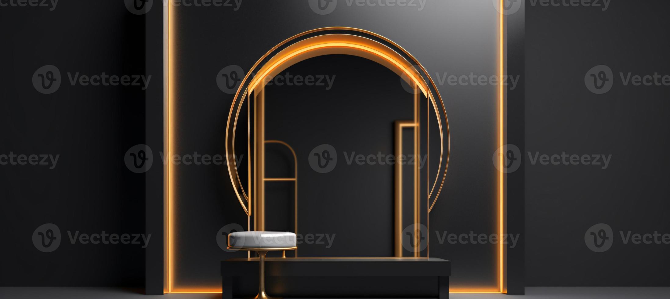 3D Podium Product Mockup with Abstract Ambiance on Black and Gold Canvas - A Professional 3D Rendered Visualization photo