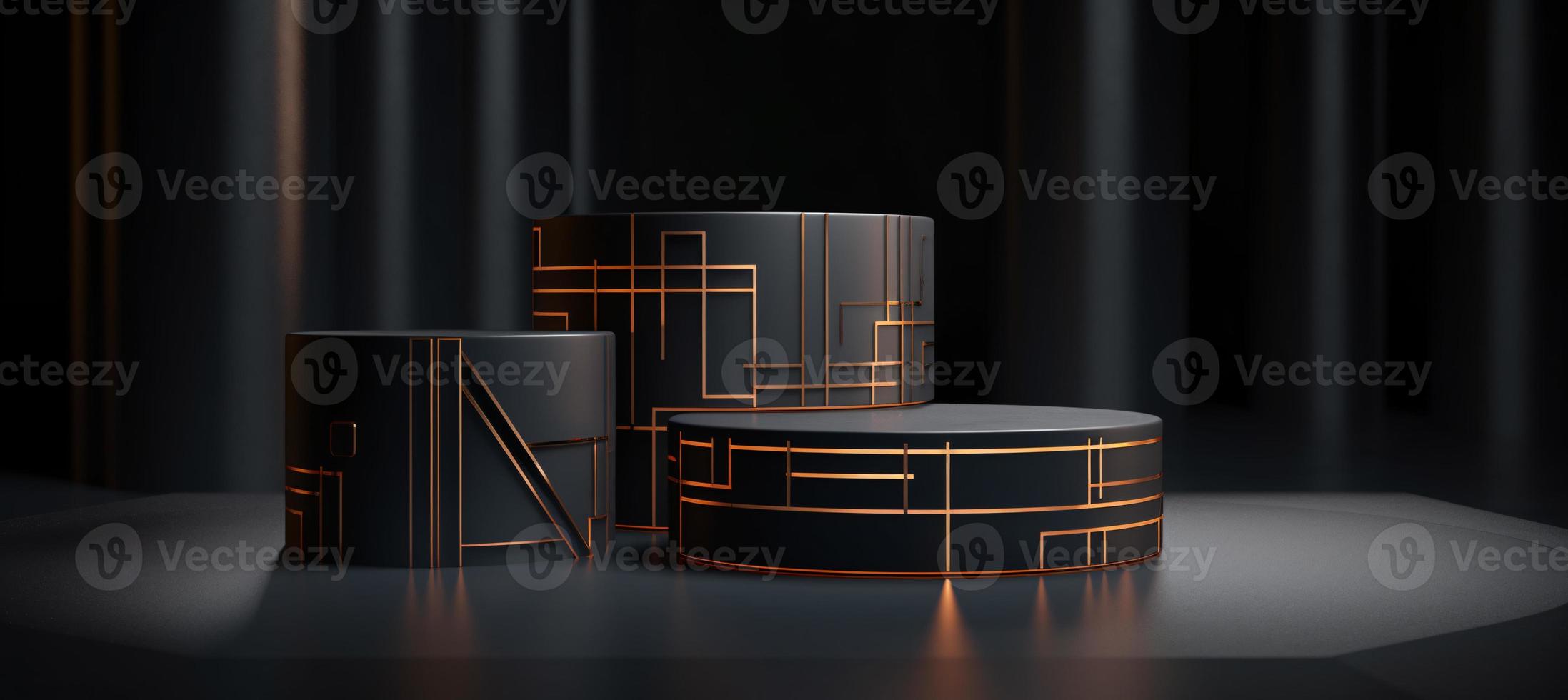 3D Podium Product Mockup with Abstract Ambiance on Black and Gold Canvas - A Professional 3D Rendered Visualization photo