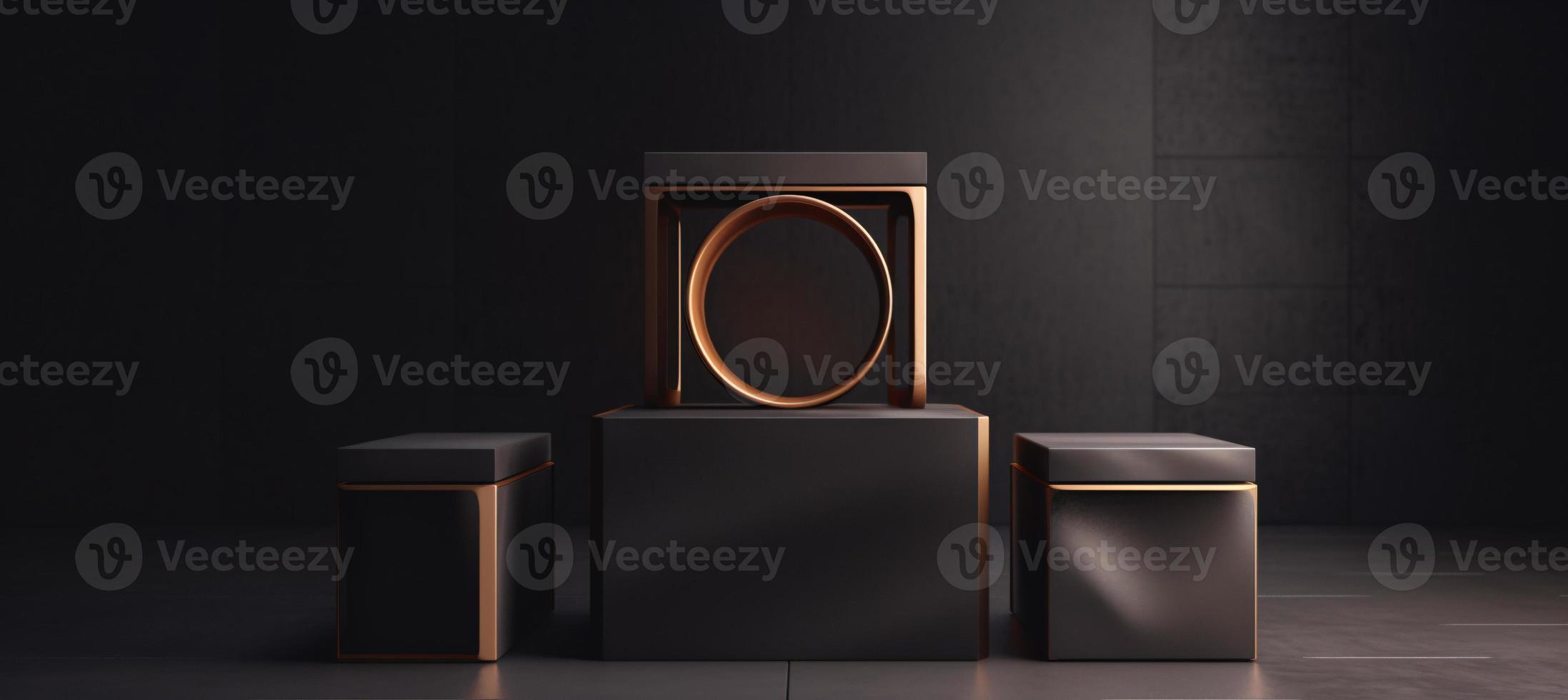 3D Podium Product Mockup with Abstract Ambiance on Black and Gold Canvas - A Professional 3D Rendered Visualization photo