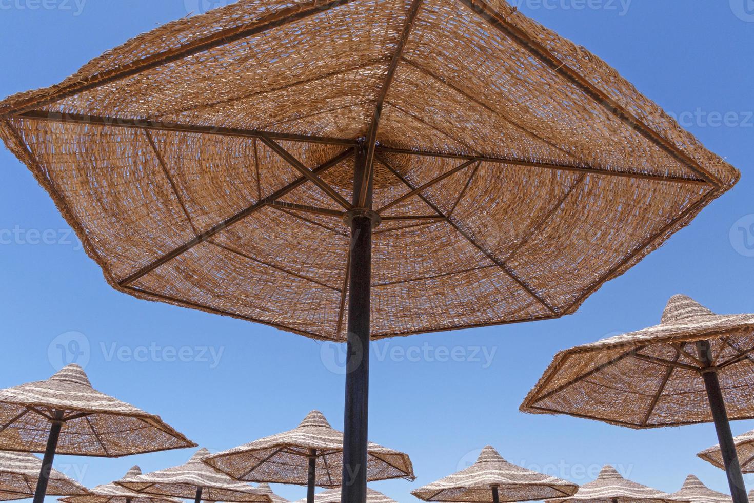 sunshade beach umbrellas against blue sky photo