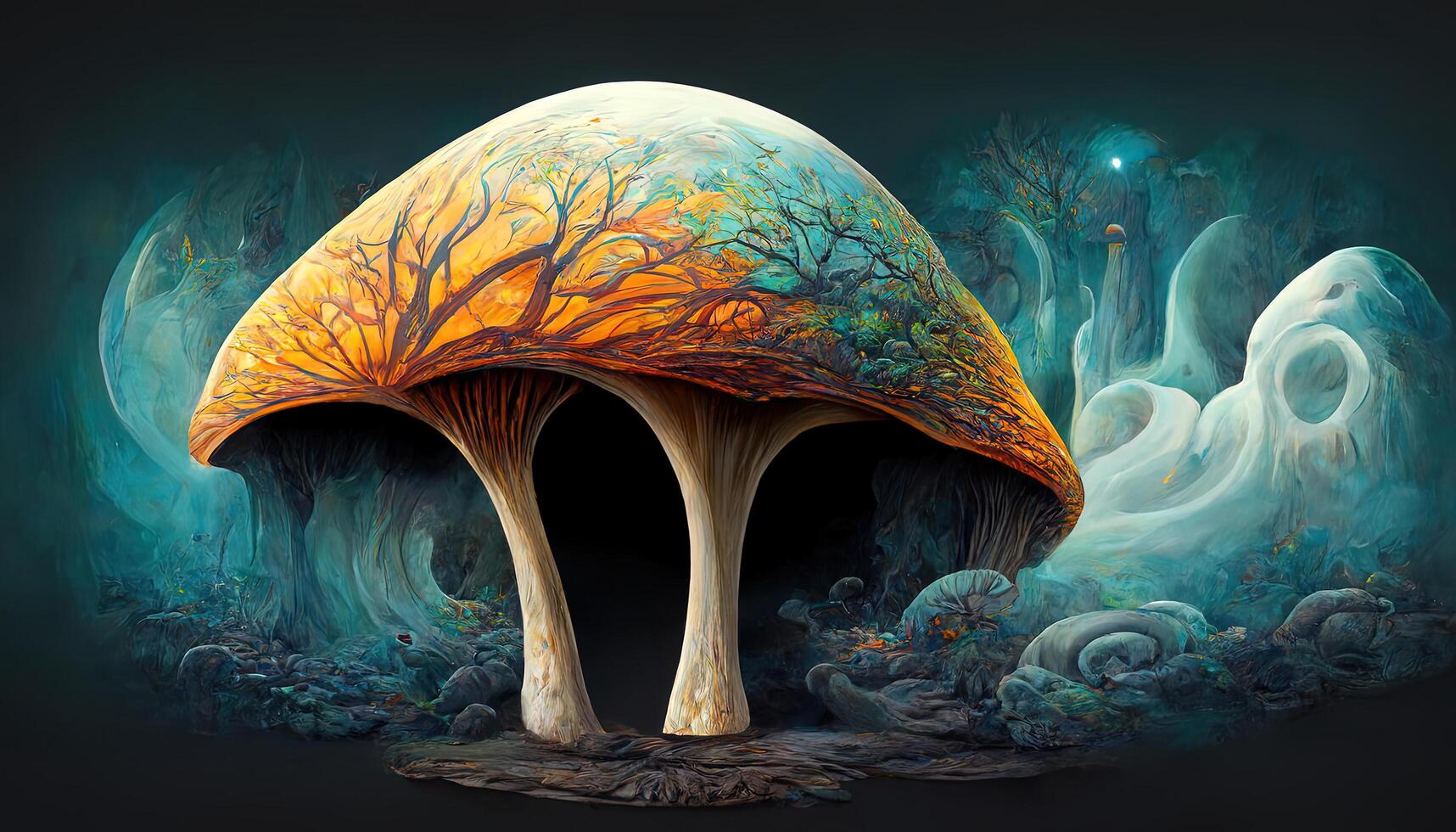 A small ginger mushroom with a bitten off cap grows angularly from the hollow of a tree trunk. photo