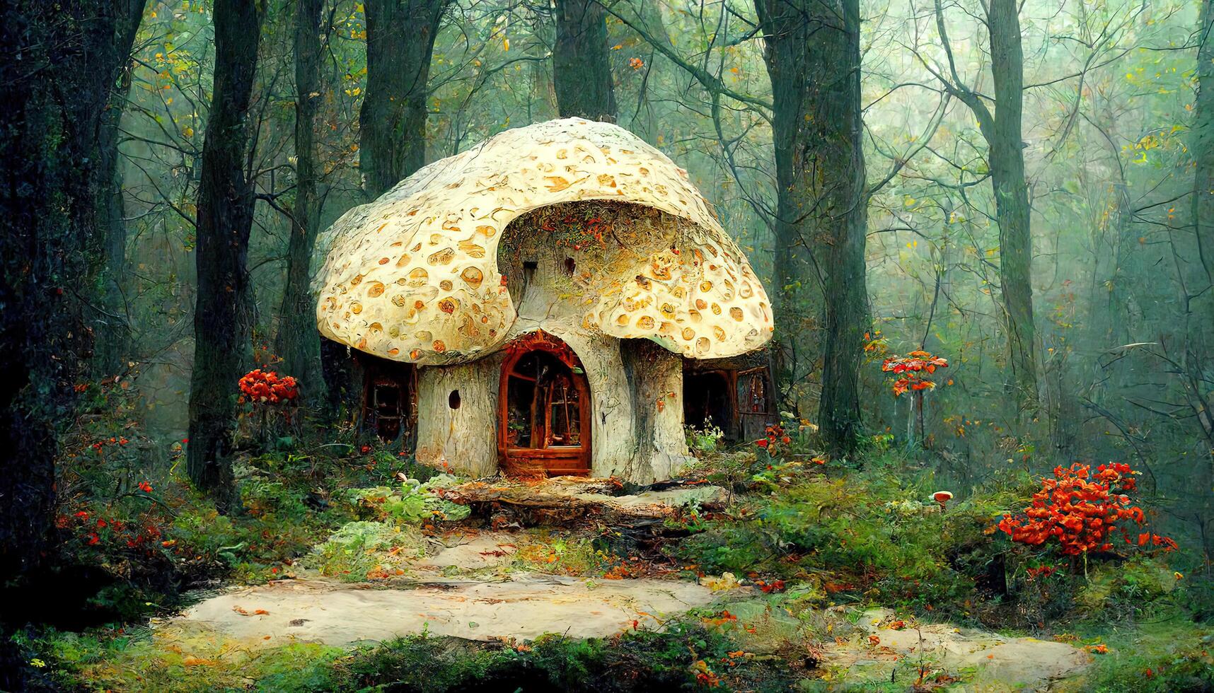 Mushroom house village in fairytale theme on transparent background. photo
