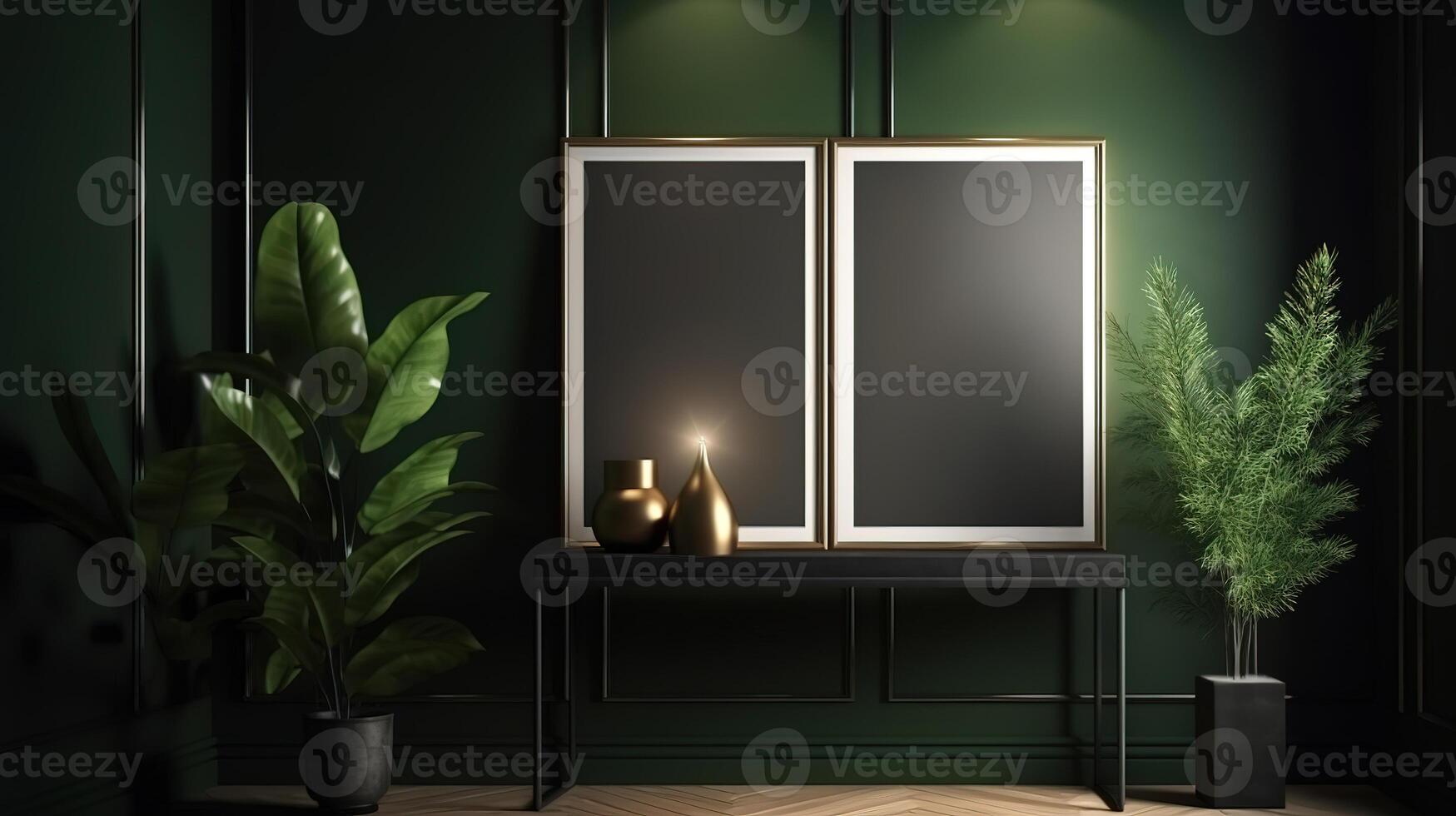 Picture frame mockup hanging in modern living room. photo