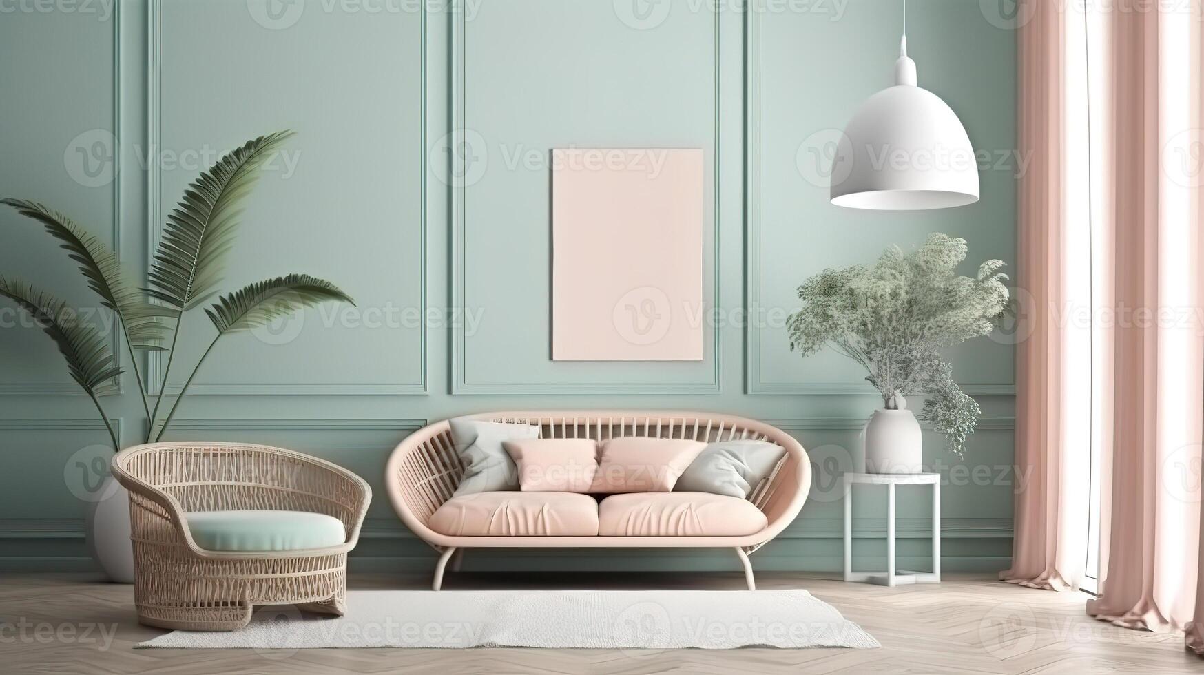 View of room decor made up of frame and plant vase with plate. photo