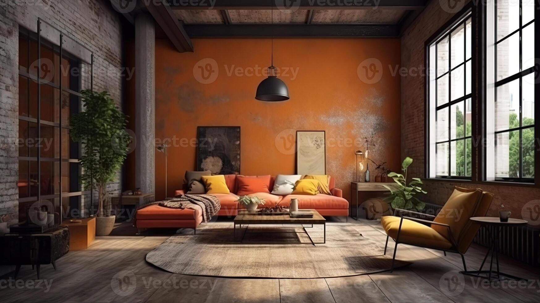 Living room loft in industrial style ,3d render, Bright color. photo