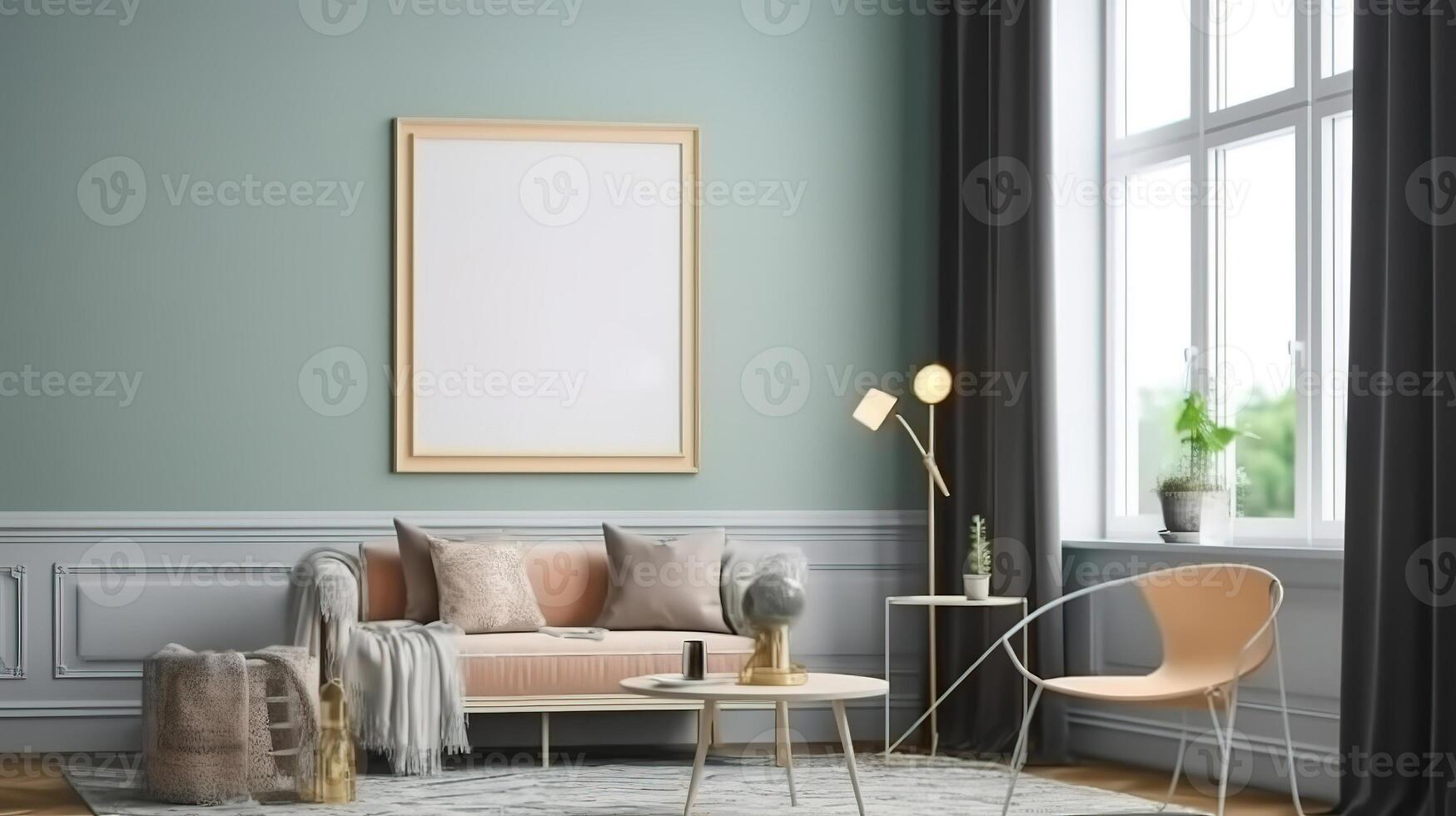 Mockup frame in Scandinavian living room interior, 3d render. photo