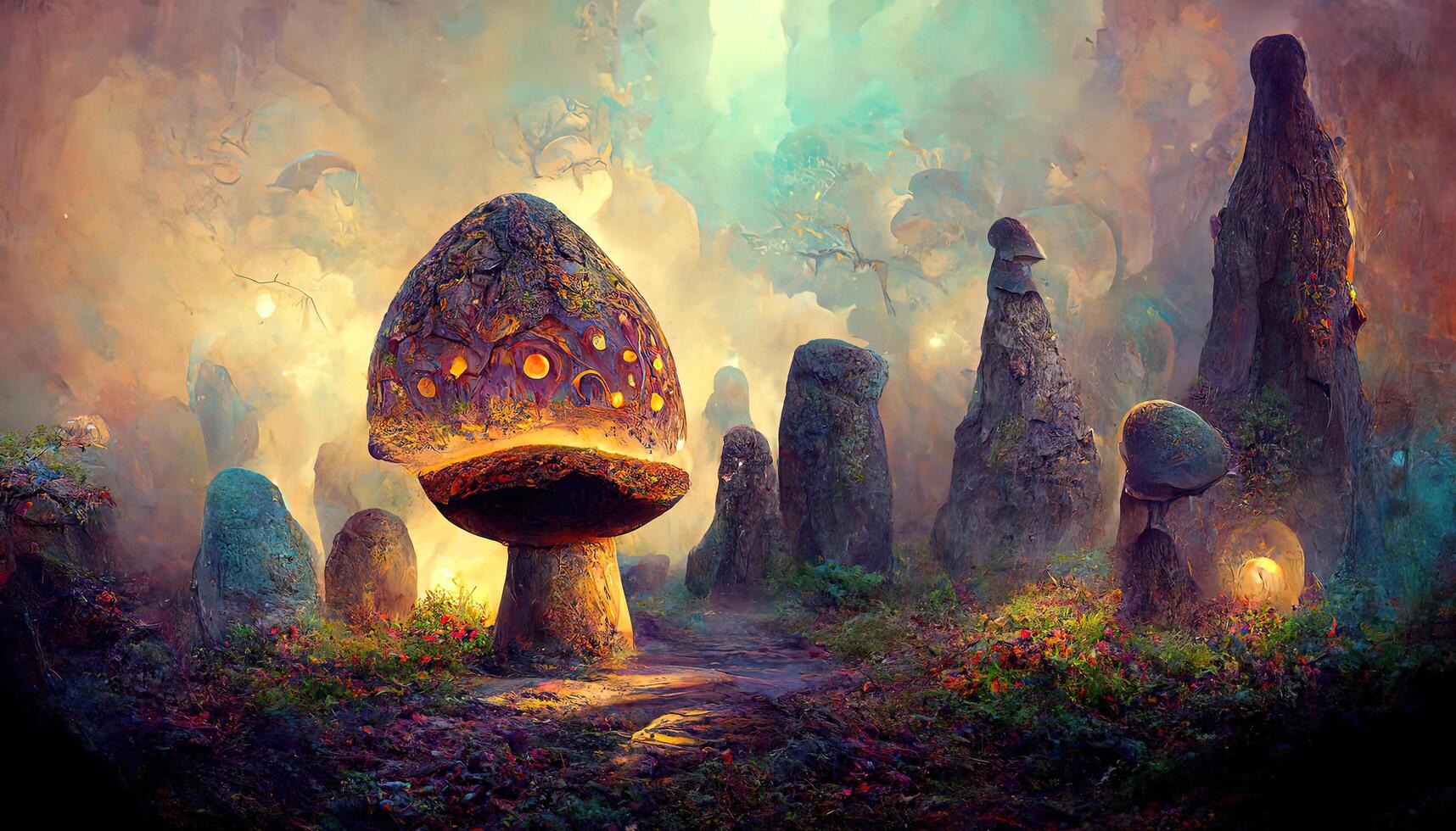 Floating islands with magic mushroom at night. photo