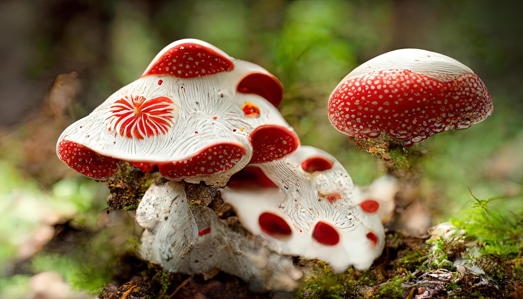 Red Cap mushroom psychedelic poisonous mushroom vibrant red with white spots. photo
