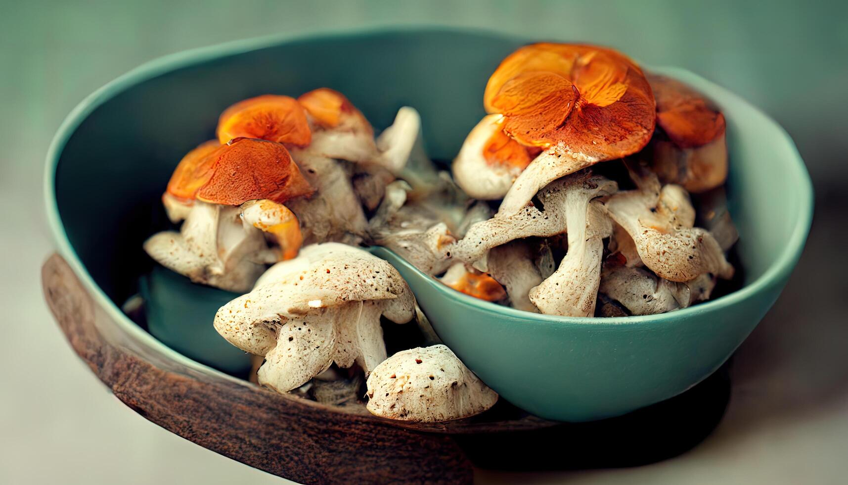 small white button mushrooms and curry powder served in a bowl. photo