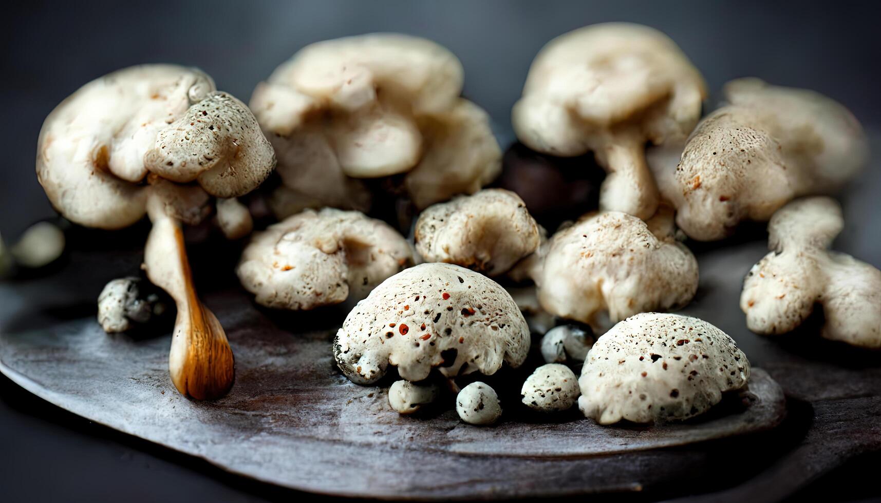 White mushrooms on dark desk. photo