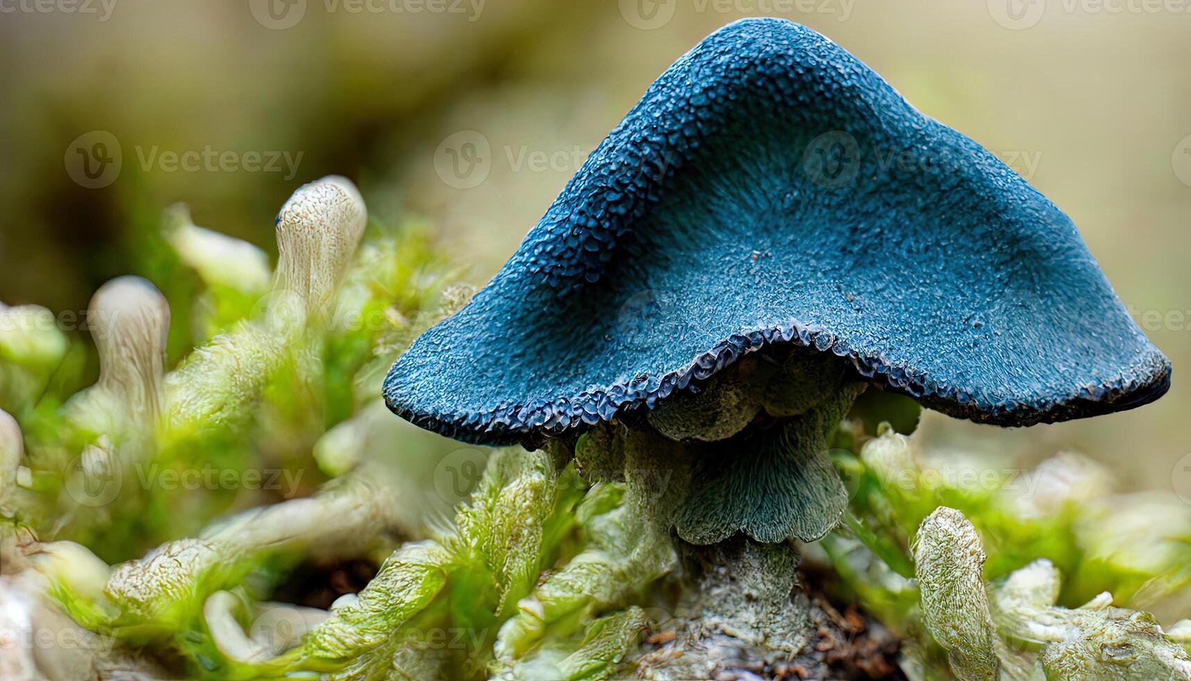 Wonderful Blue hat of oyster mushrooms growing on green moss close up. photo