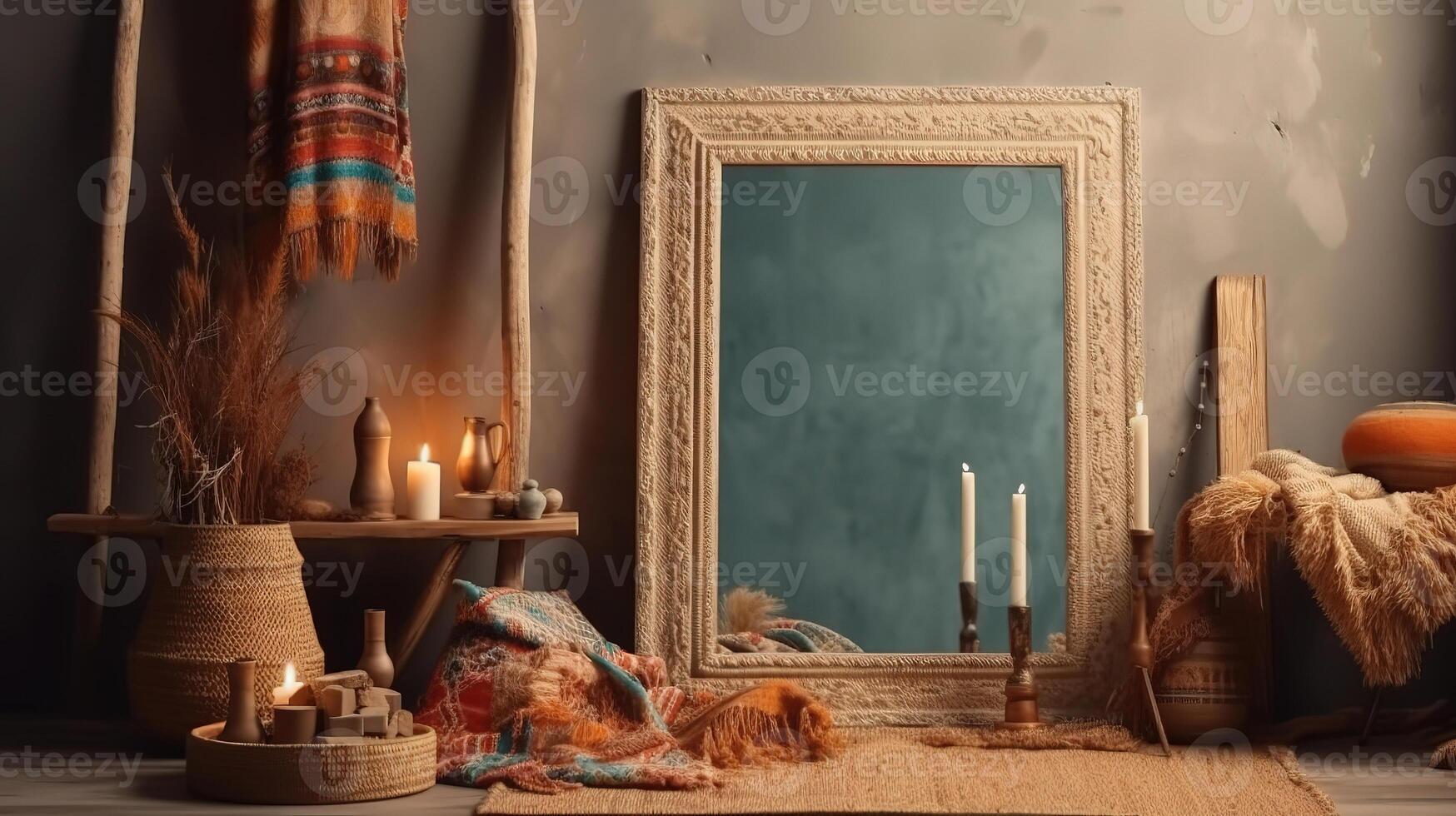 Mockup frame in nomadic boho interior background with rustic decor. photo