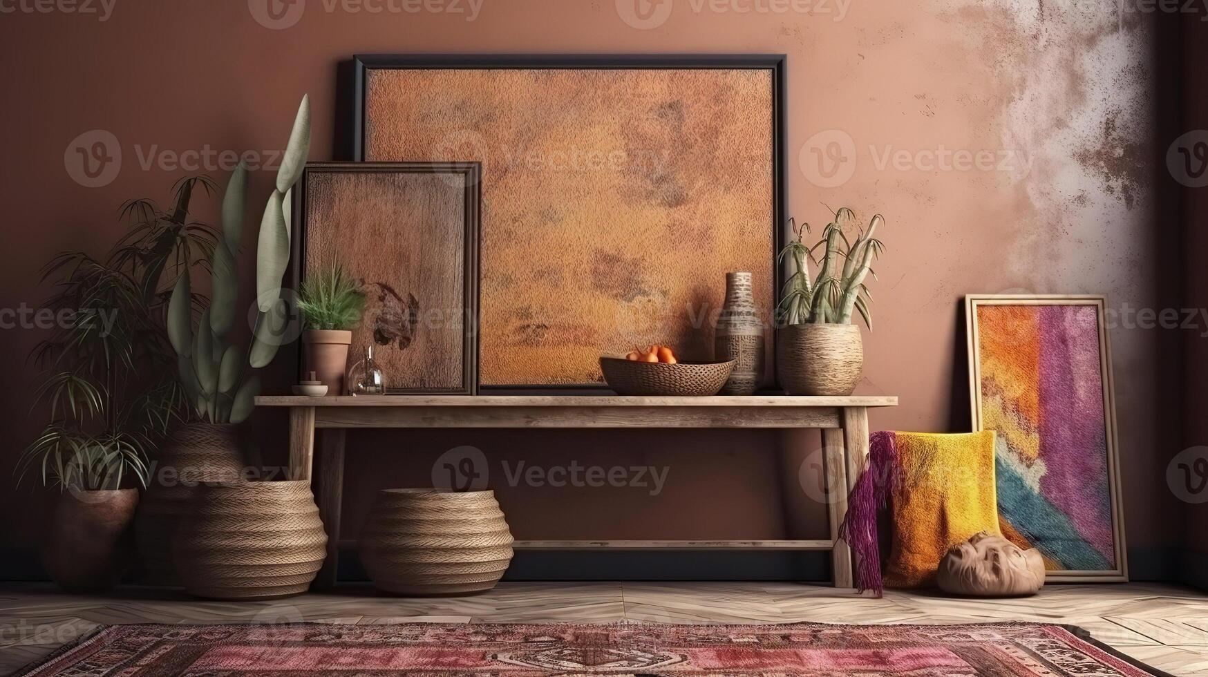 Frame mockup in rustic villa bathroom interior background. photo