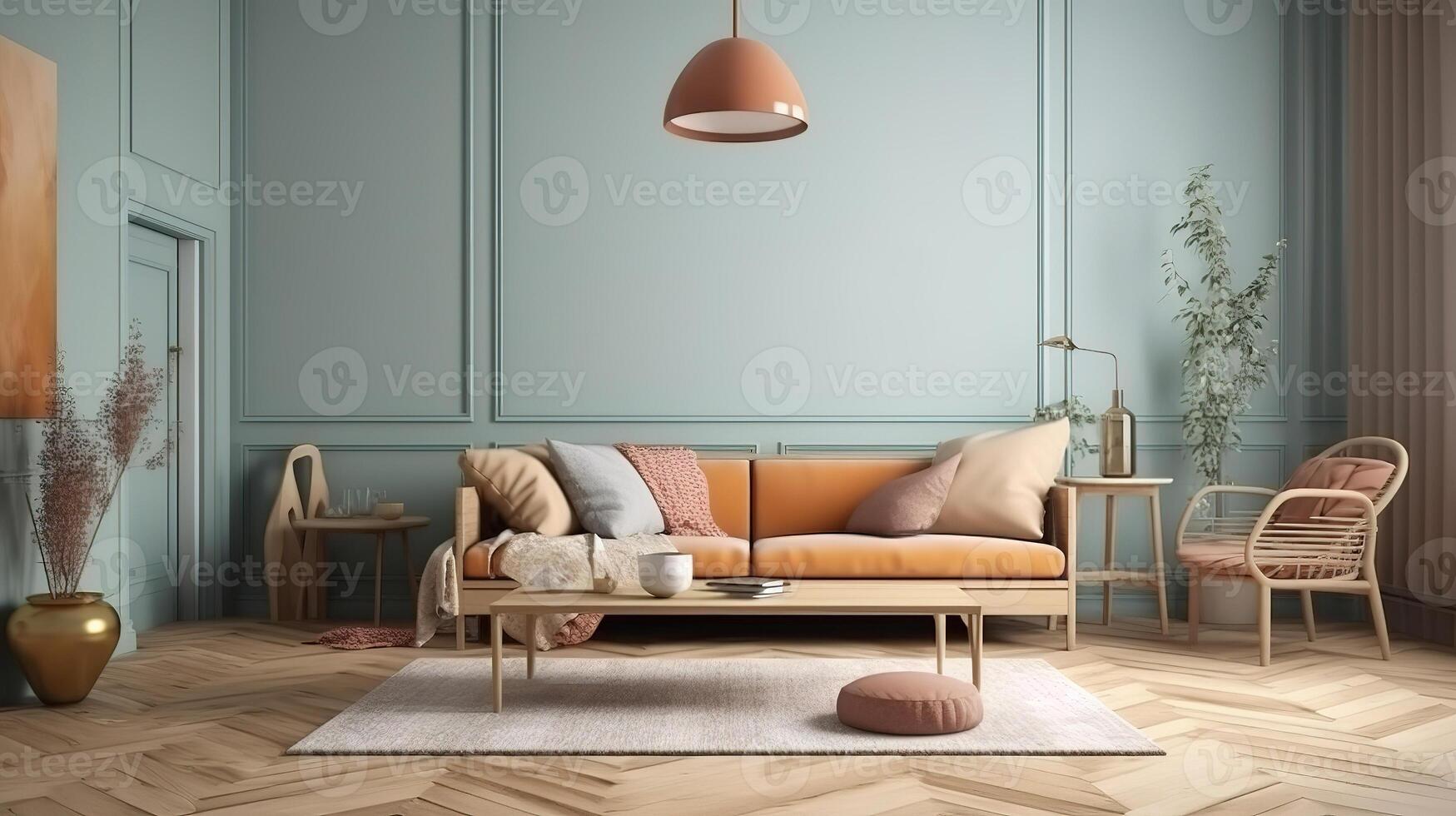 Wall mockup in Scandi-Boho living room interior background. photo