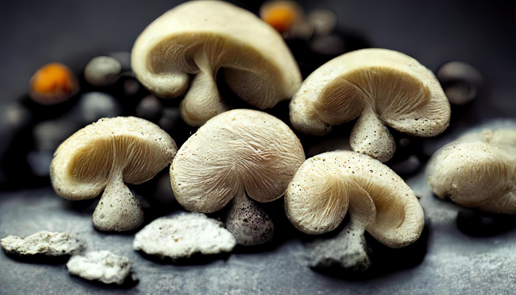 Two-colored mushrooms ripe fresh white and dark mushrooms isolated on grey floor. photo