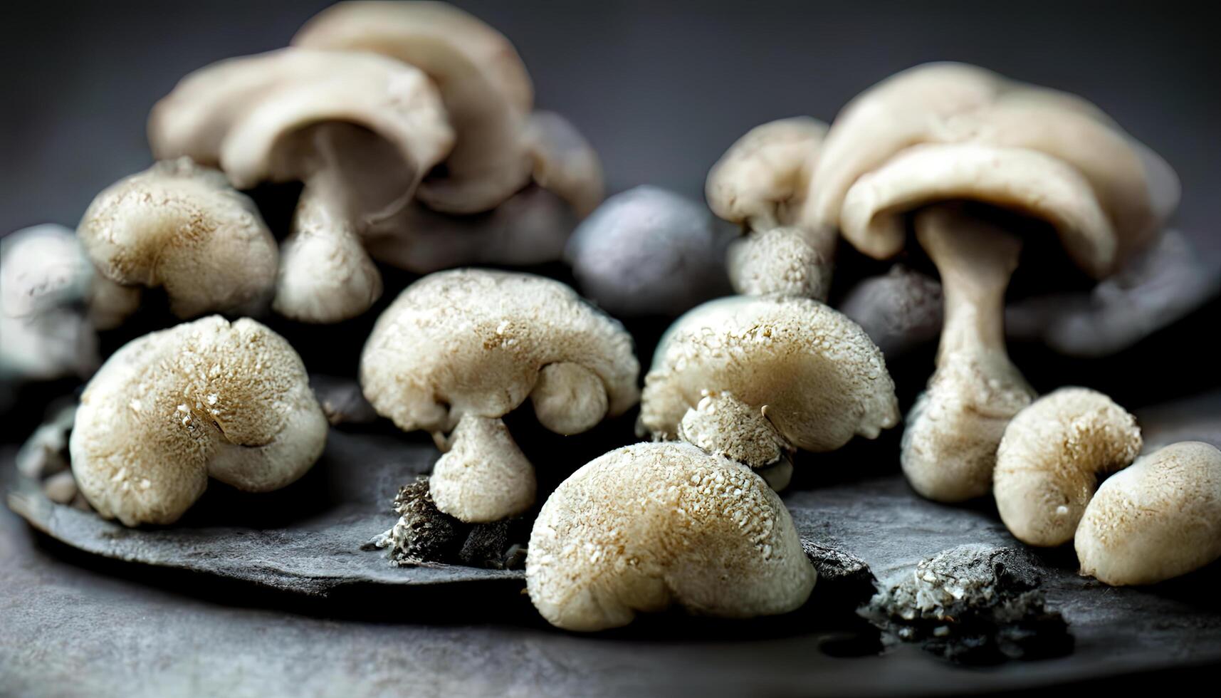 Defocus raw mushrooms champignons on black background. photo