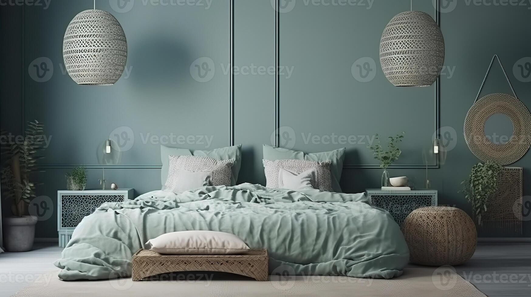 Mockup frame in bedroom interior background, Scandinavian style, 3d render. photo
