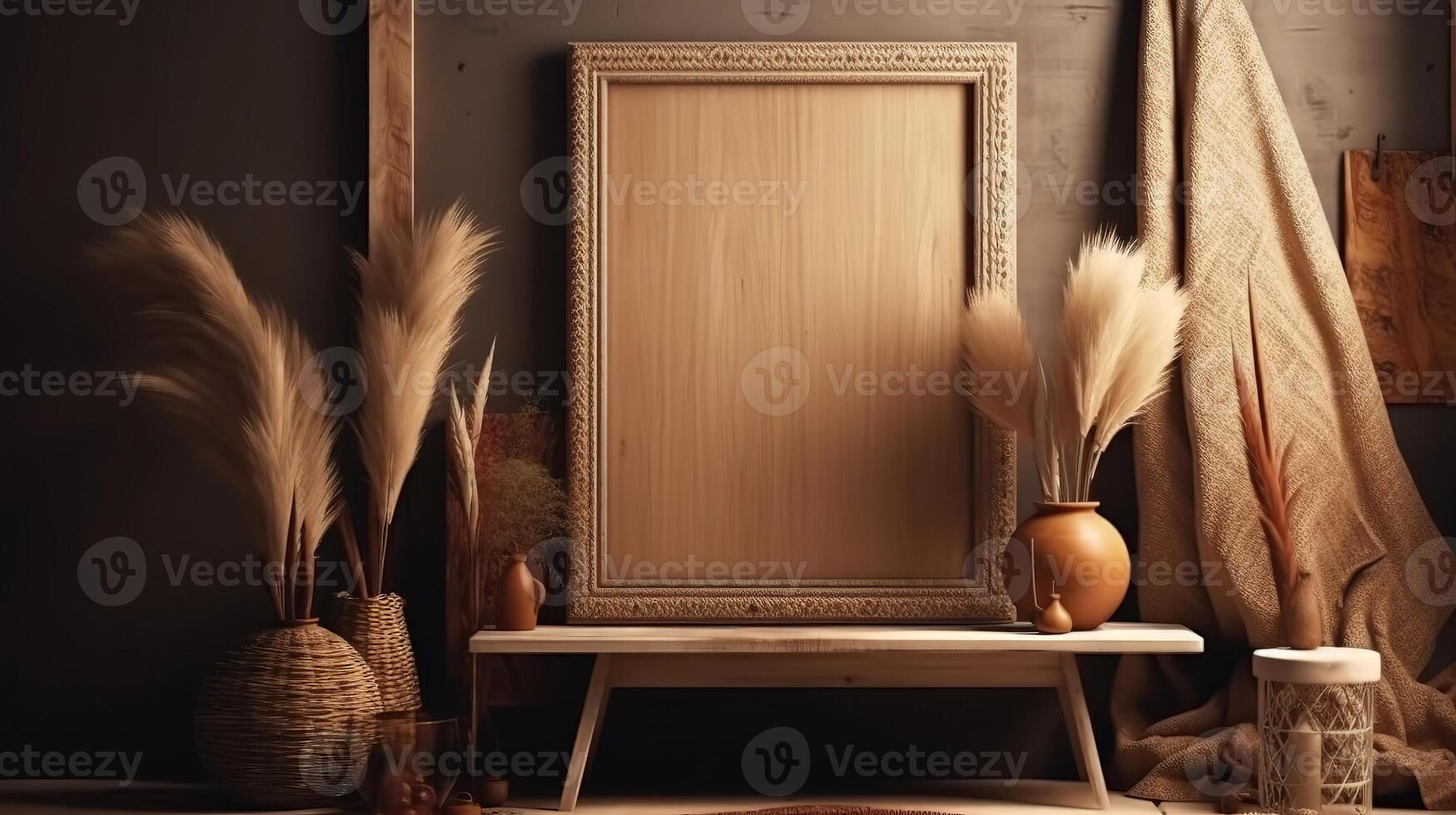 Mockup frame in nomadic boho interior background with rustic decor. photo