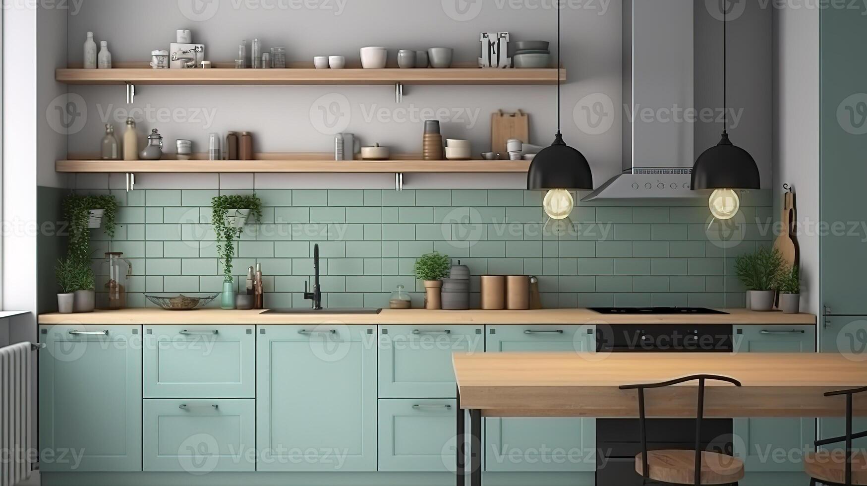 Dining room and kitchen copy space on white background. photo