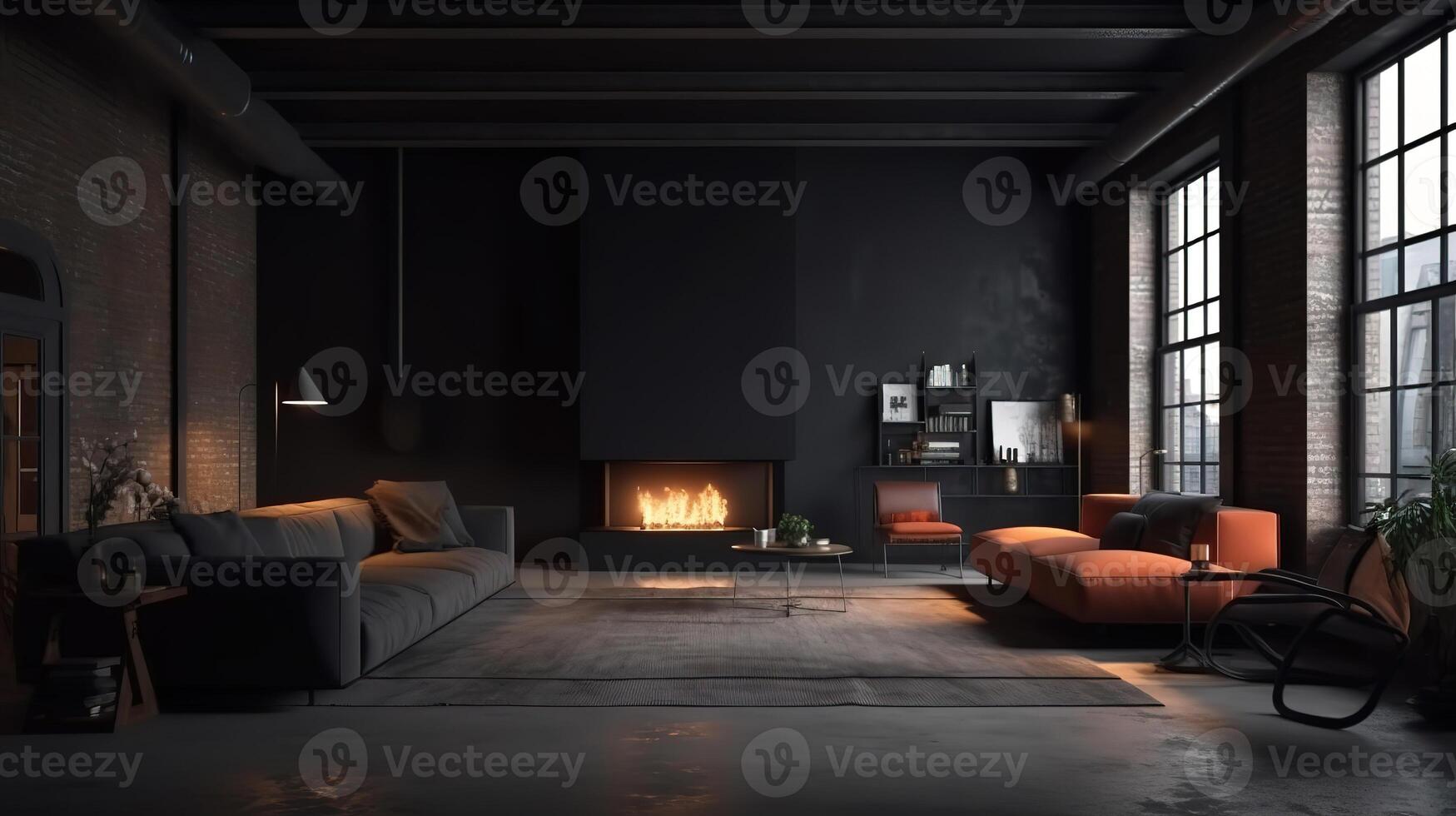 Dark living room loft with fireplace, industrial style, 3d render. photo
