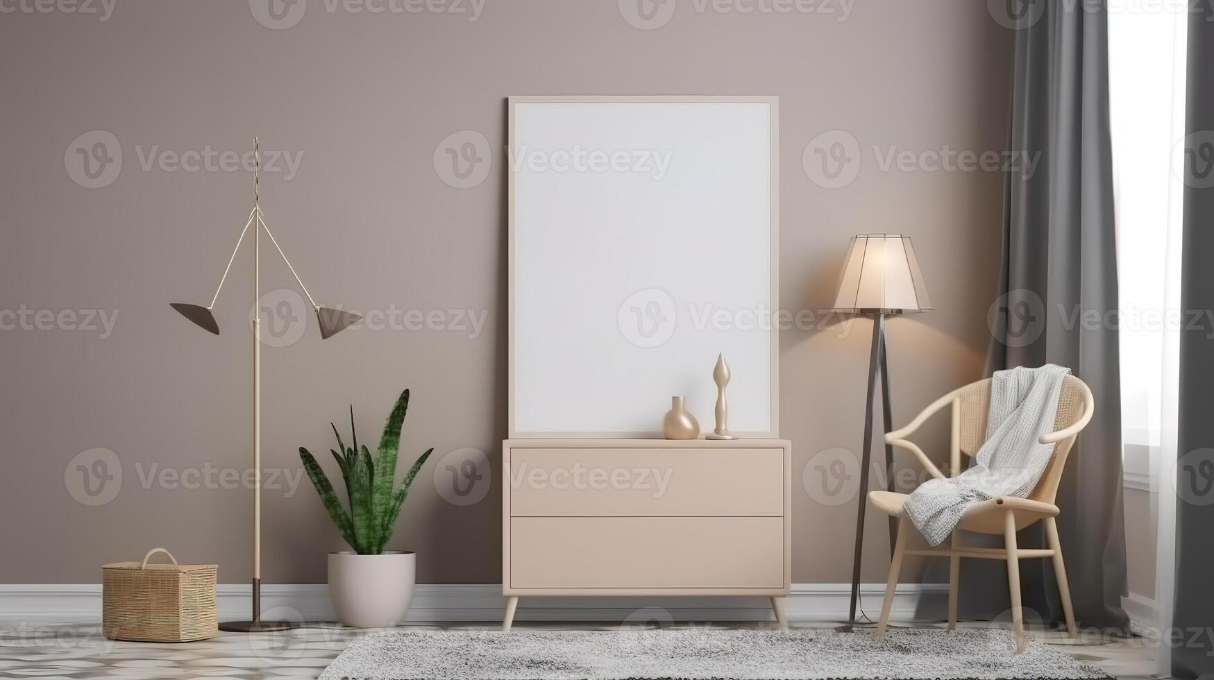 Empty wooden frame standing on floor have sofa and decoration. photo