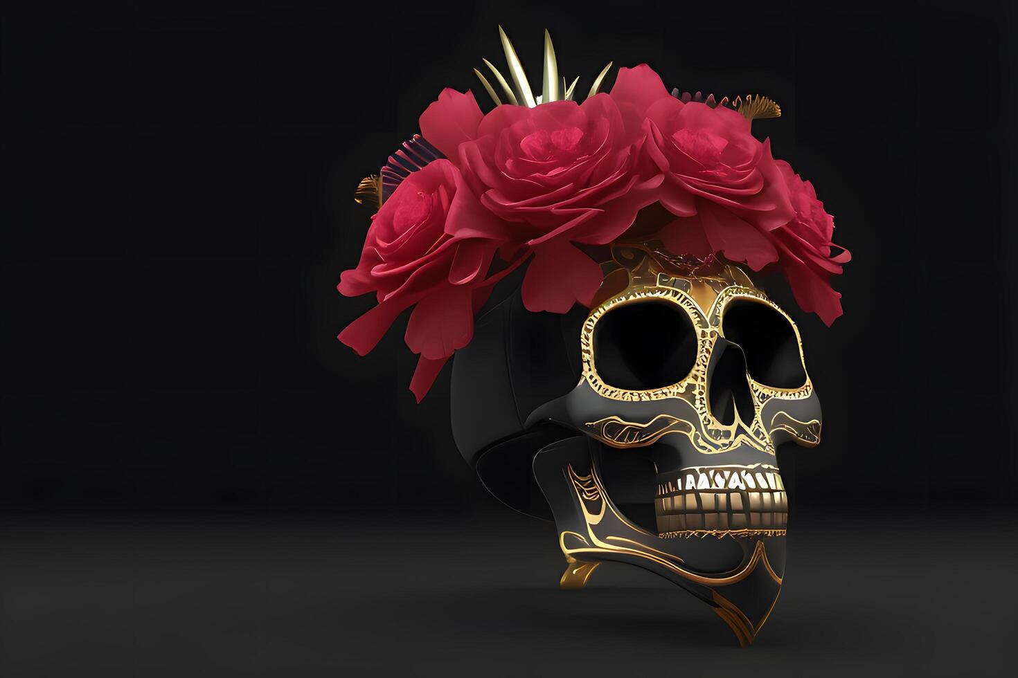 Day of the dead, Dia de los muertos, sugar skull with marigold flowers wreath on paper black color Background.. photo