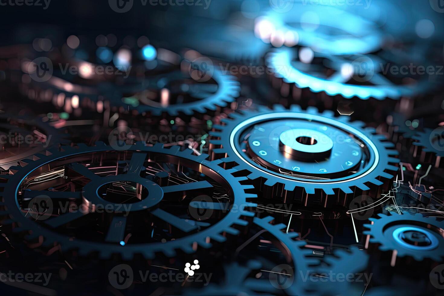 Digital gear wheels on circuit board. High technology engineering. photo