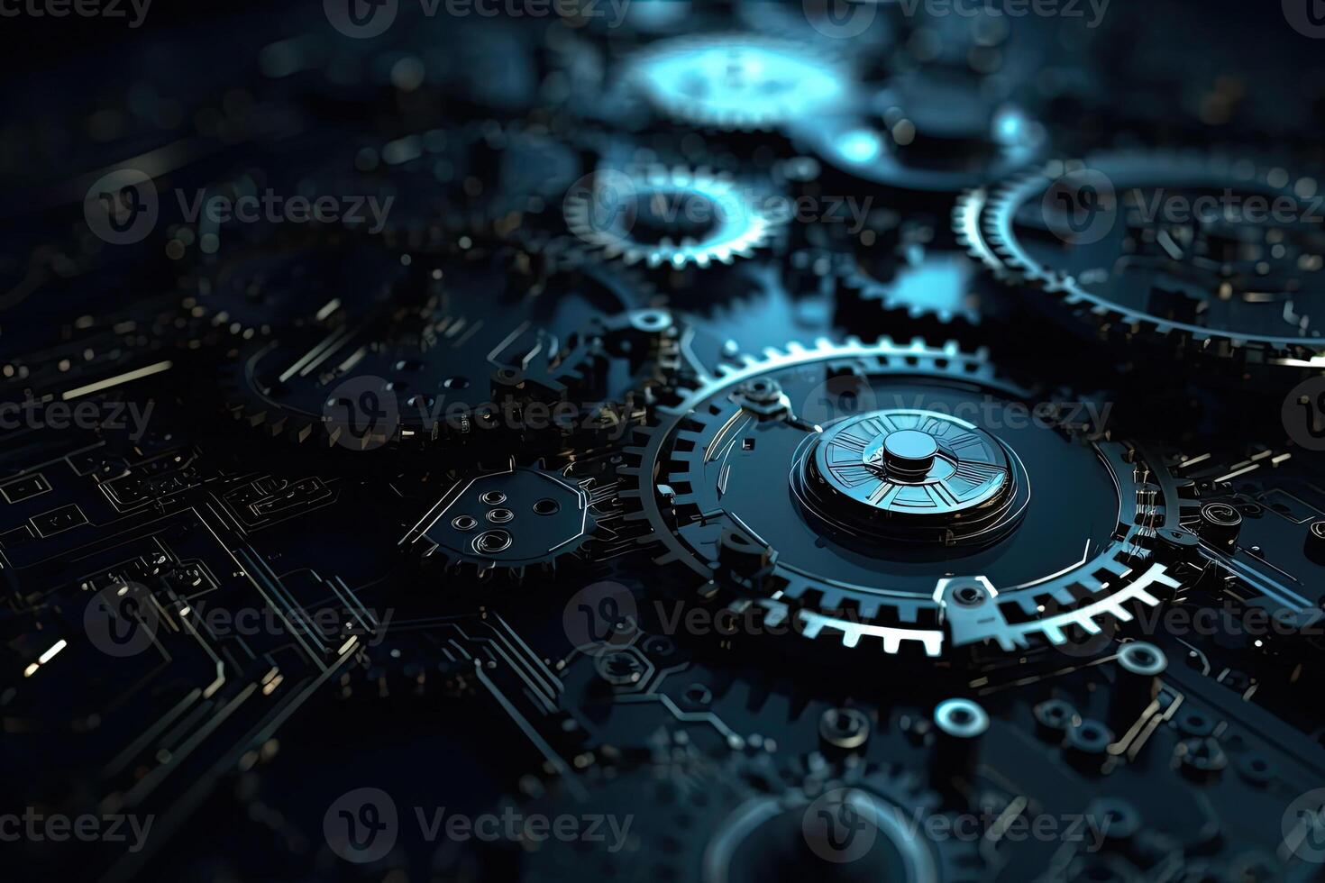 Digital gear wheels on circuit board. High technology engineering. photo