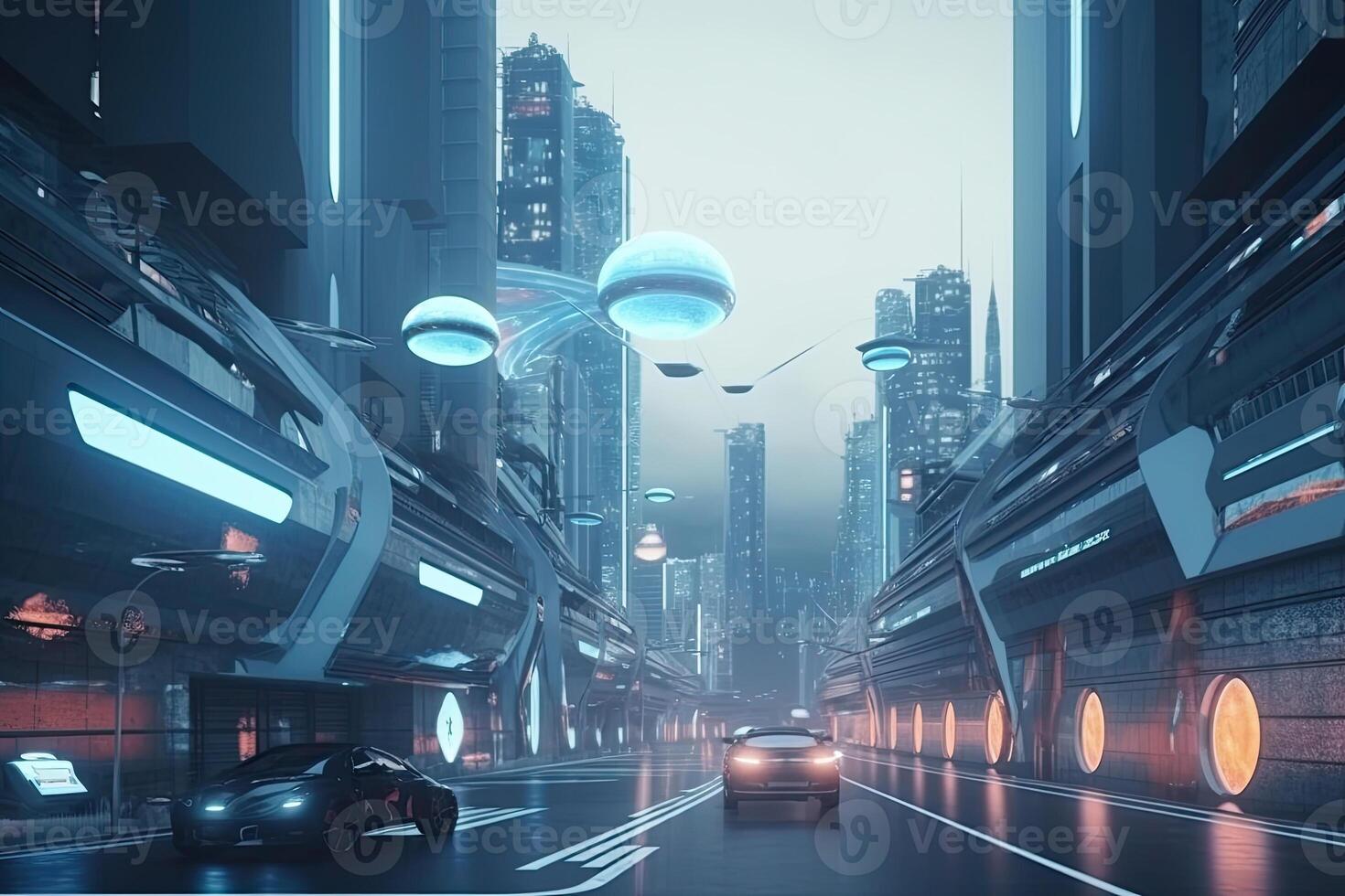 Futuristic city with neon lights. photo